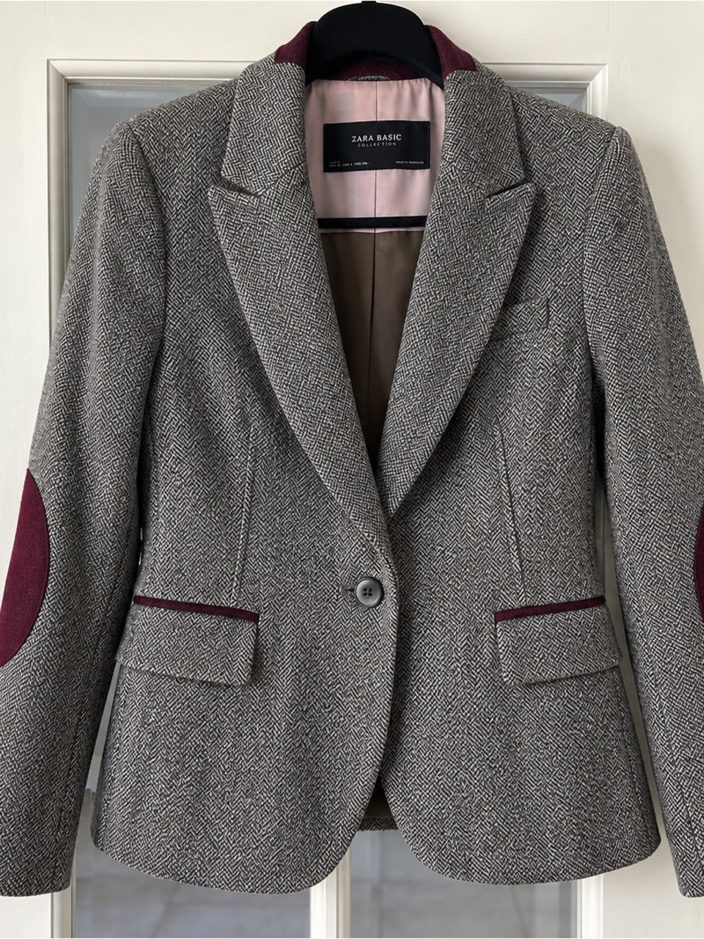 Zara Gray Herringbone Blazer with Burgundy Trim